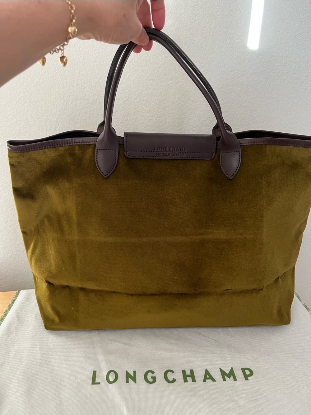 Longchamp Olive Velvet Tote with Dark Brown Leather Trim. Limited Edition. - Picture 7 of 11